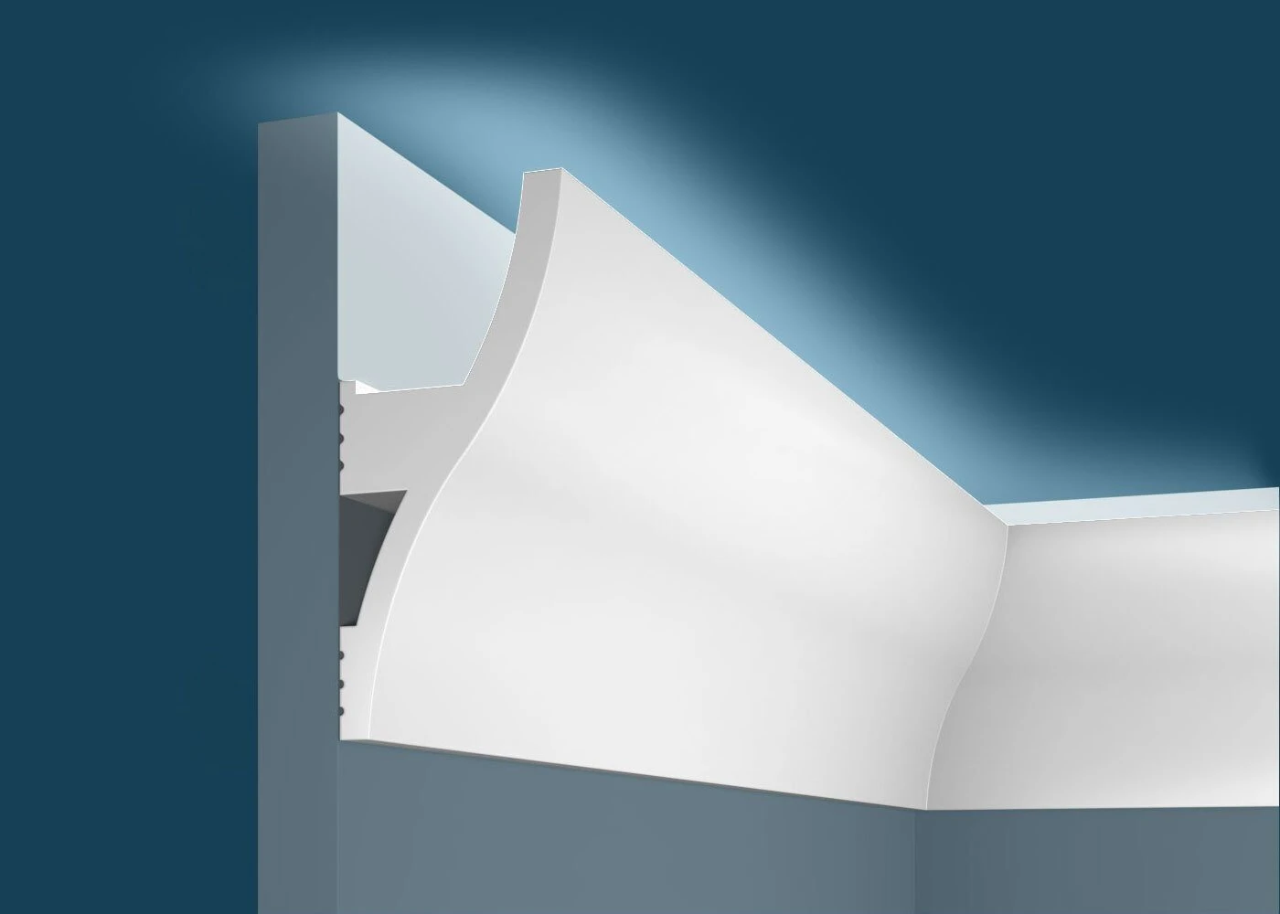 Ideal — Плинтус потолочный дюрополимер Cosca KX002, 120x53x2000мм, Экополимер (Карниз) ударопрочный,  Скрытое освещение