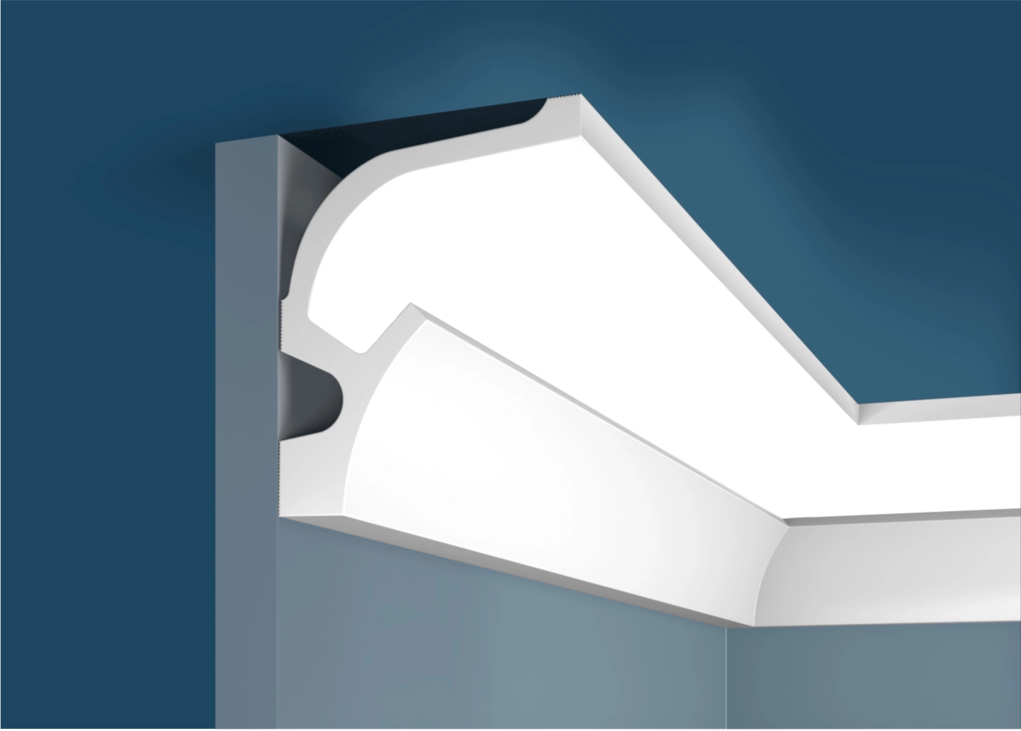 Ideal — Плинтус потолочный дюрополимер Cosca KX025, 109x89x2000мм, Экополимер (Карниз) ударопрочный, Скрытое освещение