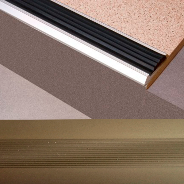 Ideal — Плоский алюминиевый порог Бронза 41.7х3.9х2700 мм. Пластал Д15 с резиновой вставкой для защиты ступеней